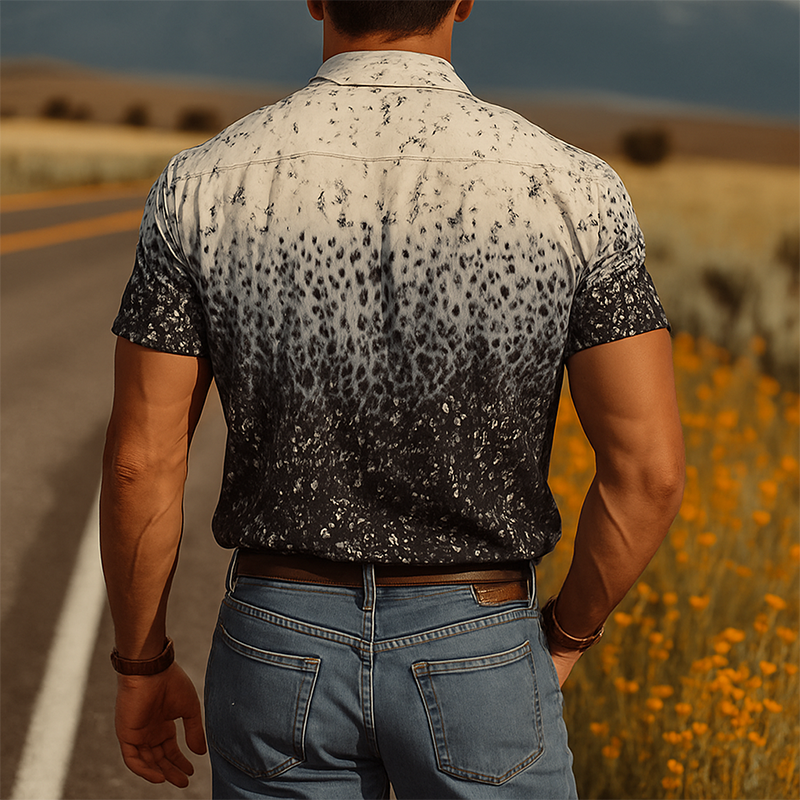 Men's Spring And Summer Fashion Casual Satin Art Gradient Print Slim Fit Short Sleeve Shirt MTA0804G7K