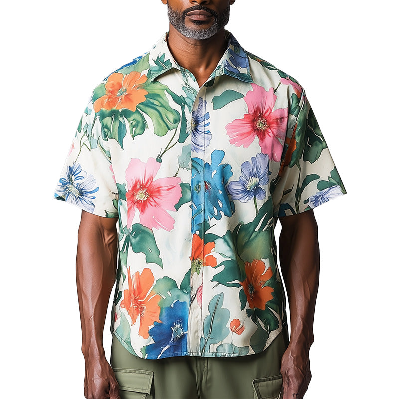 Men's Summer Fashion Floral Print Cotton And Linen Short Sleeve Shirt MTA1582E2P
