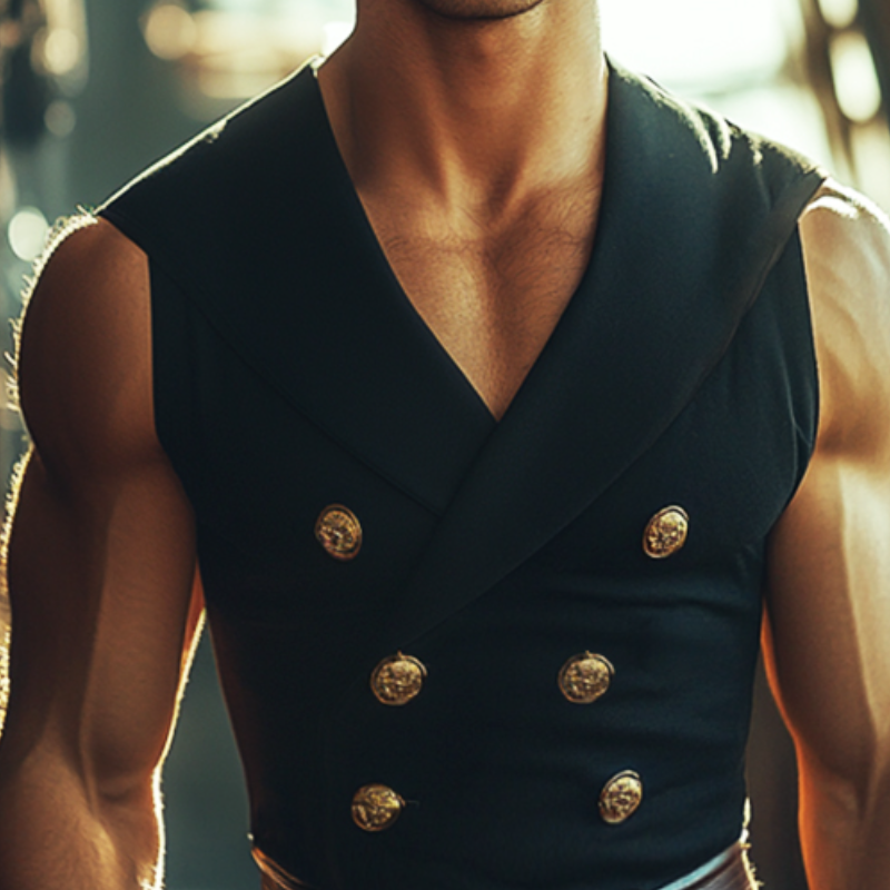 Men's Retro Casual Stretch Slim Fit Solid Color Double Breasted Lapel Sleeveless Shirt MTA0948E8TO