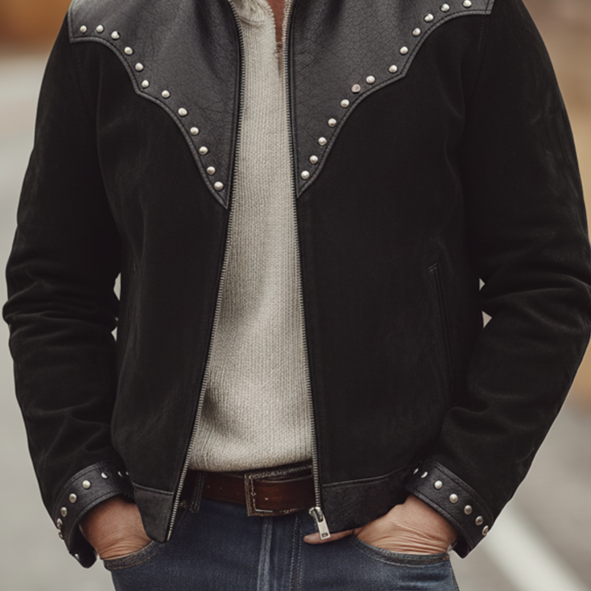 Men's Classic Retro Western Style PU Leather Stand-up Collar Metal Studded Faux Suede Jacket MTA2578K5K