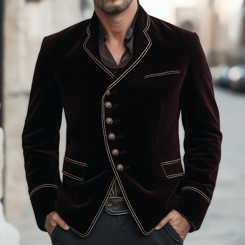 Men's Classic Velvet Burgundy Diagonal Button Double Slit Jacket MTA2906K6U