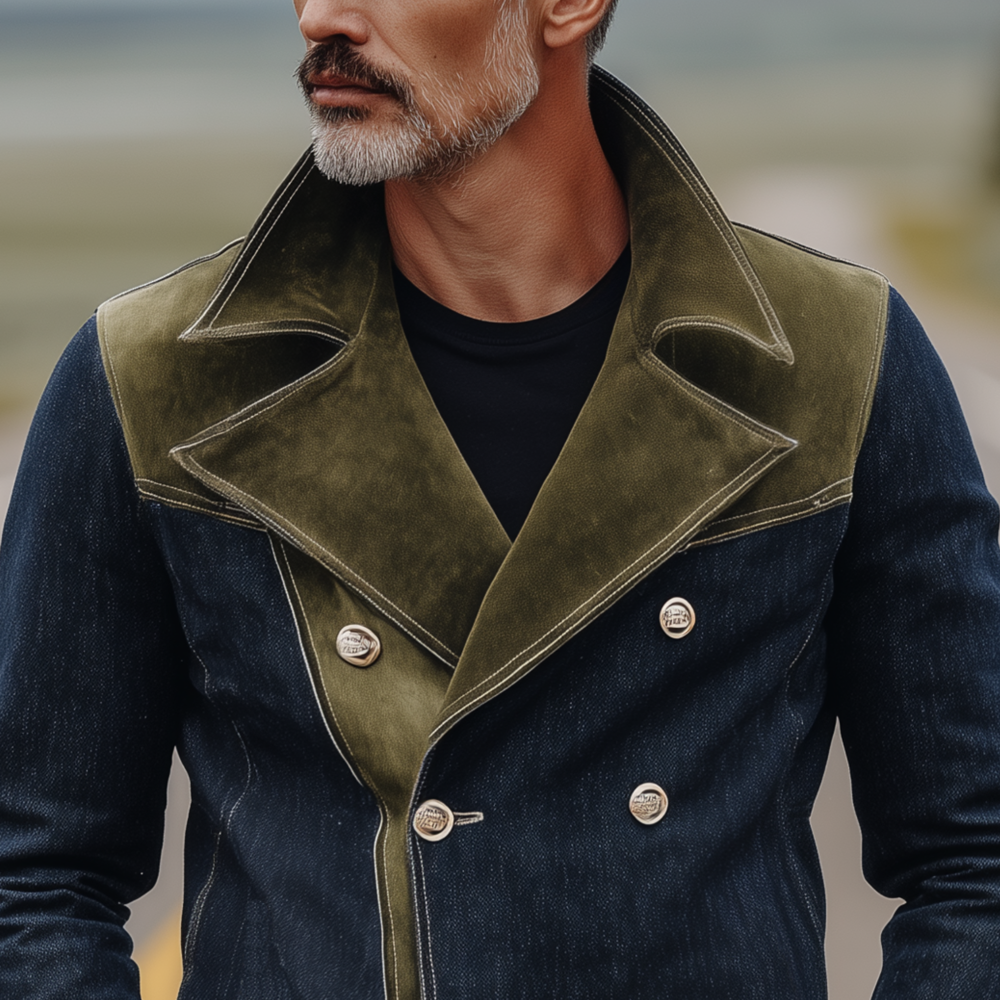 Men's Classic Western Vintage Suede And Denim Lapel Double-Breasted Jacket MTA0319I0K