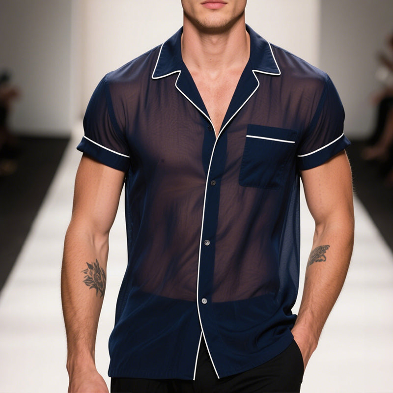Men's Retro Casual Solid Color Mesh Lapel Short Sleeve Shirt MTA2382E7TO