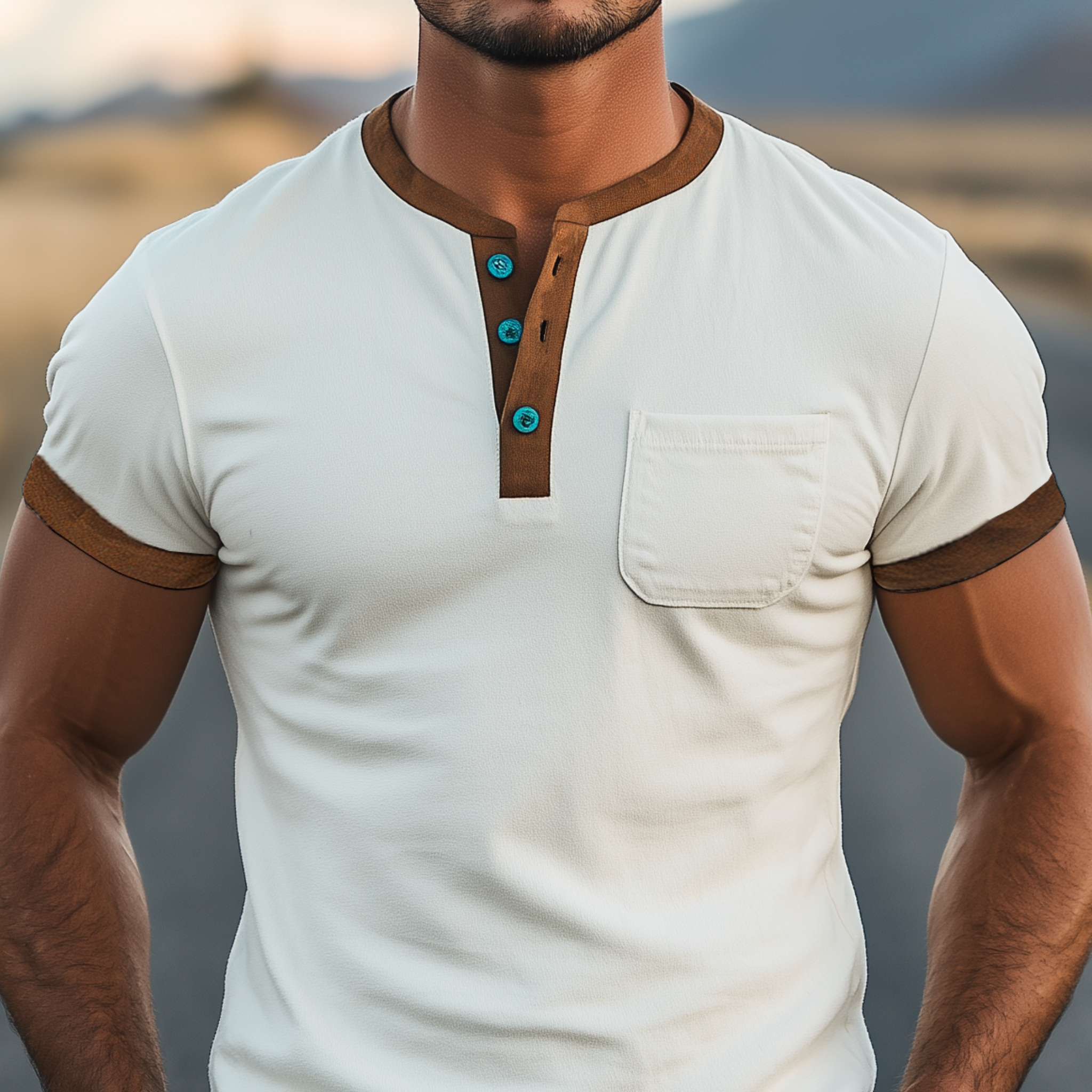 Men's Spring And Summer Casual Henley Collar Thin Suede Splicing Slim Short Sleeve T-shirt MTA2222G8K