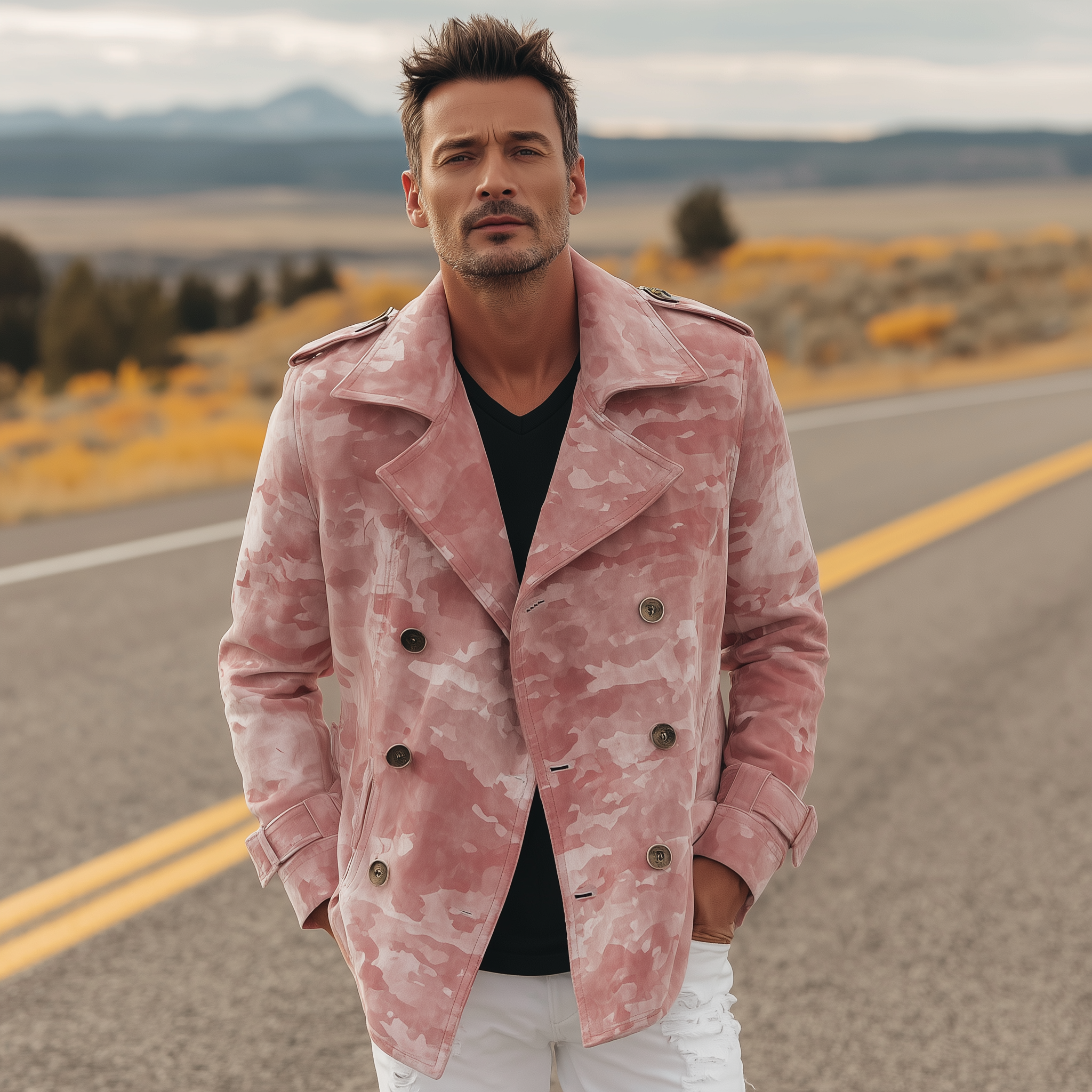 Men's Classic Casual Pink Camouflage Suede Lapel Double-Breasted Jacket MTA2809H6K