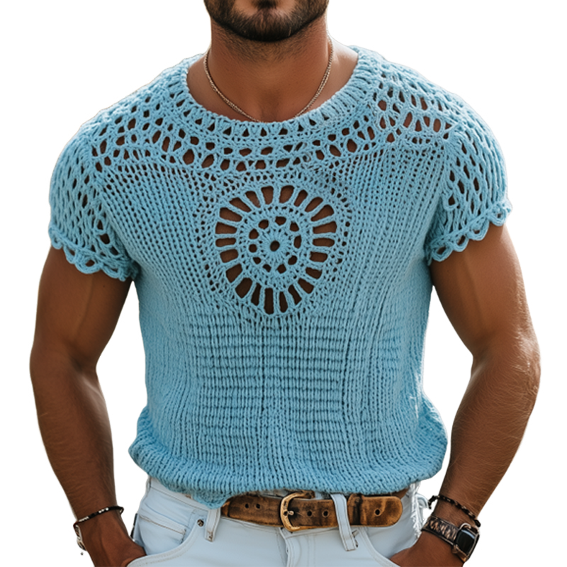 Men's Summer Fashion Casual Hollow Crochet Round Neck Knitted Short Sleeve T-shirt MTA2791F1K