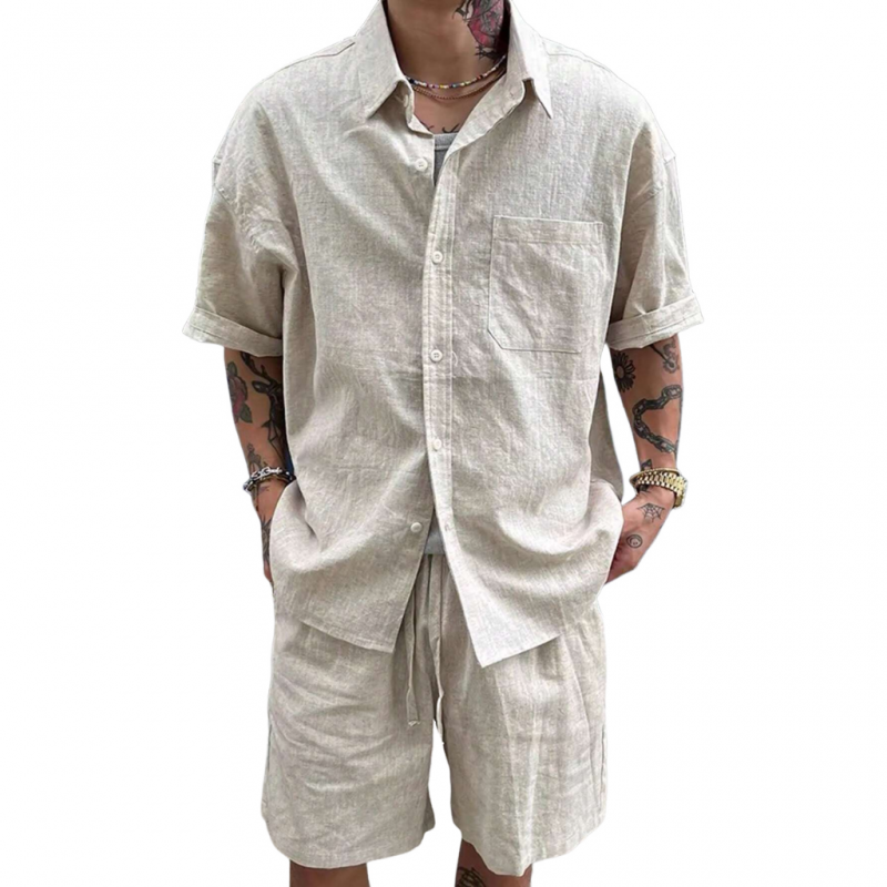 Men's Casual Breathable Linen Lapel Patch Pocket Loose Short Sleeve Shirt Elastic Waist Shorts Holiday Set MTA2755E5M