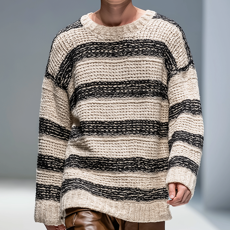 Men's Retro Casual Striped Knit Oversized Crew Neck Sweater MTA2850H9TO