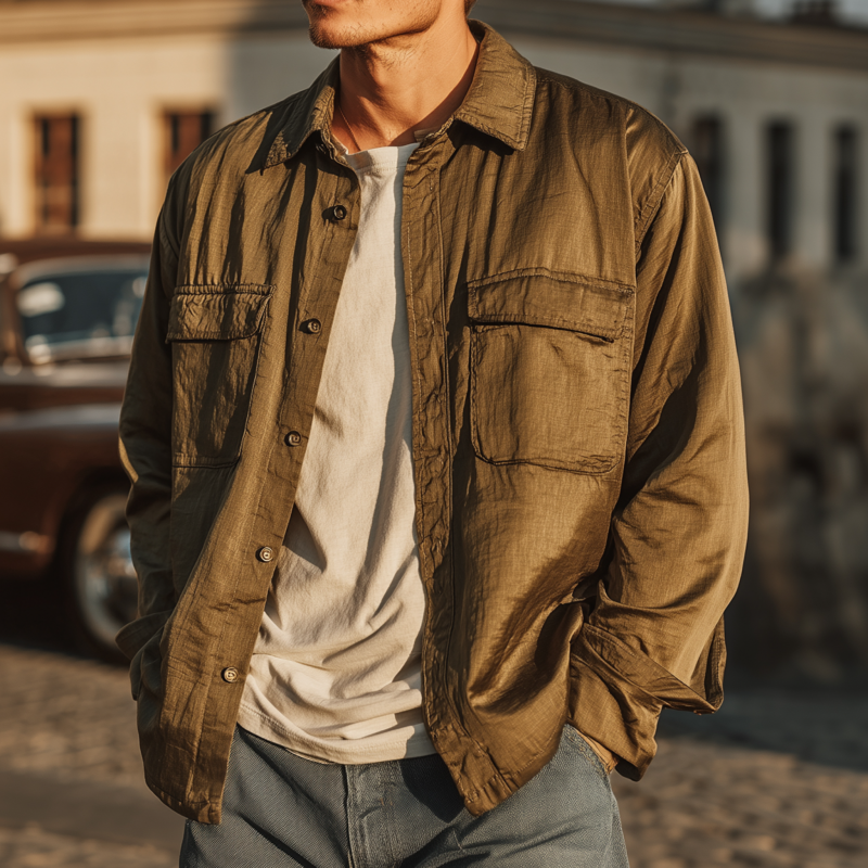 Men's Casual Solid Color Tencel Blended Lapel Flap Pocket Loose Long Sleeve Shirt MTA1764G2M