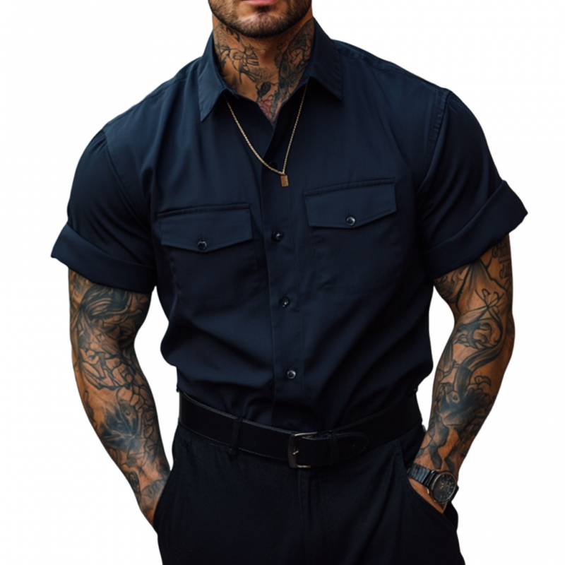Men's Casual Breathable Cotton Lapel Chest Pocket Loose Short Sleeve Work Shirt MTA2752E8M