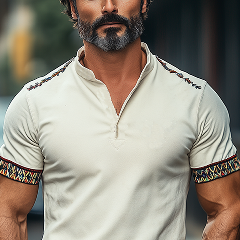 Men's Summer Fashion Casual Suede Embroidery Slim Fit Henley Collar Short Sleeve T-Shirt MTA2953E1K
