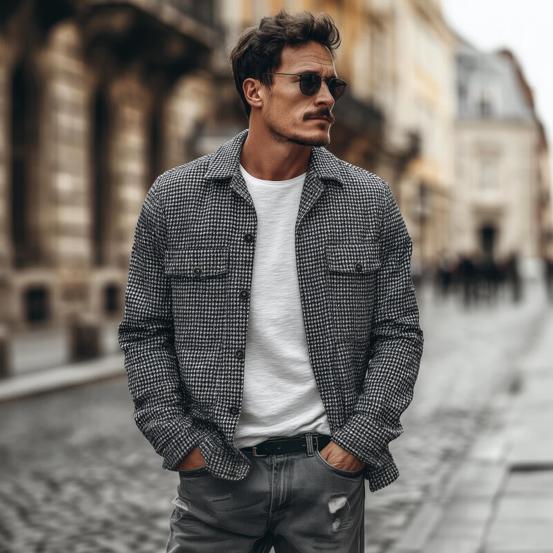 Men's Vintage Houndstooth Lapel Single-Breasted Flap Chest Pocket Loose Long Sleeve Shirt Jacket MTA2529H6M