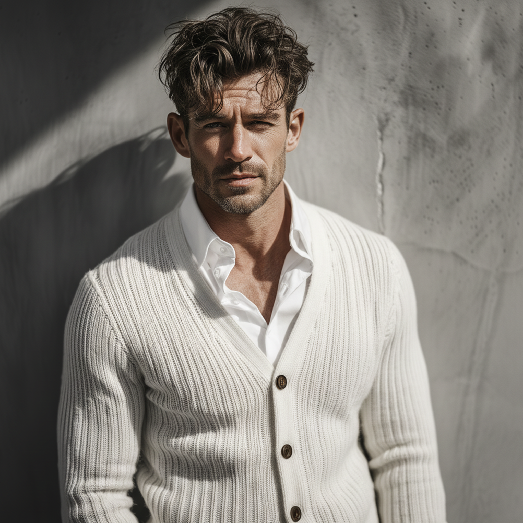 Men's Classic Casual White Slim Fit Knit Cardigan MTA2845J7K