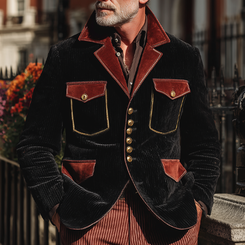 Men's Classic Corduroy And Velvet Colorblock Button-Down Jacket MTA1634I1U