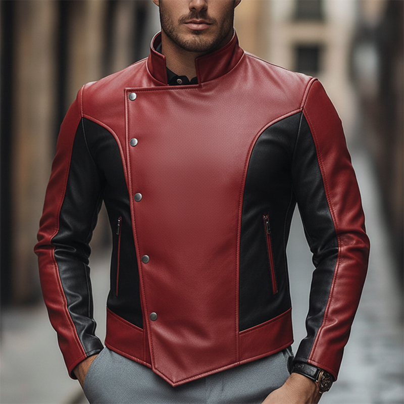 Men's Winter Retro Color Block PU Faux Leather Button Jacket MTA1045L2P