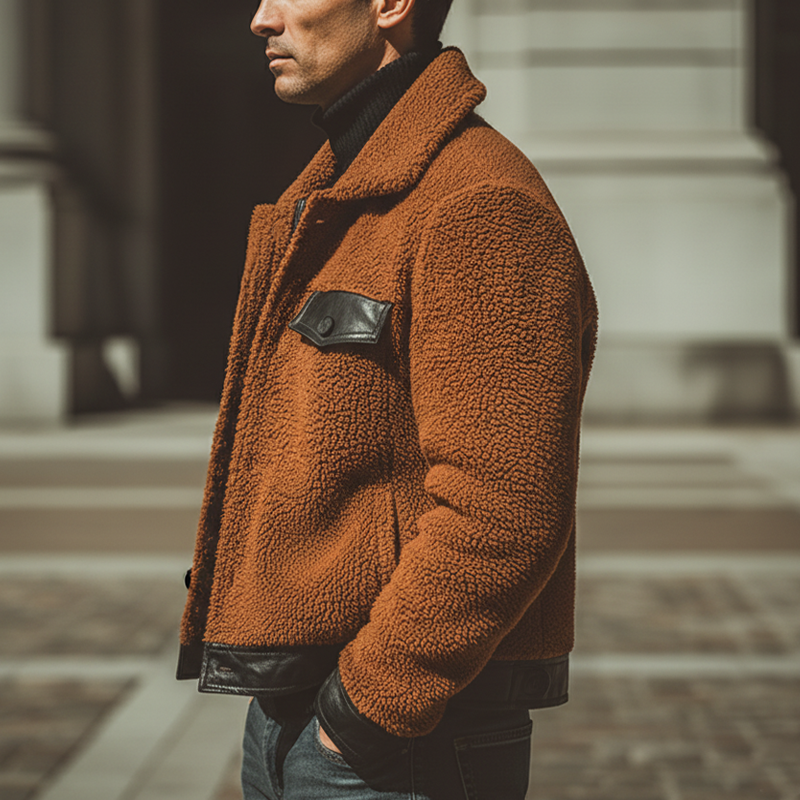 Men's Urban Style Orange Lambskin And PU Leather Patchwork Jacket MTA2049K5U