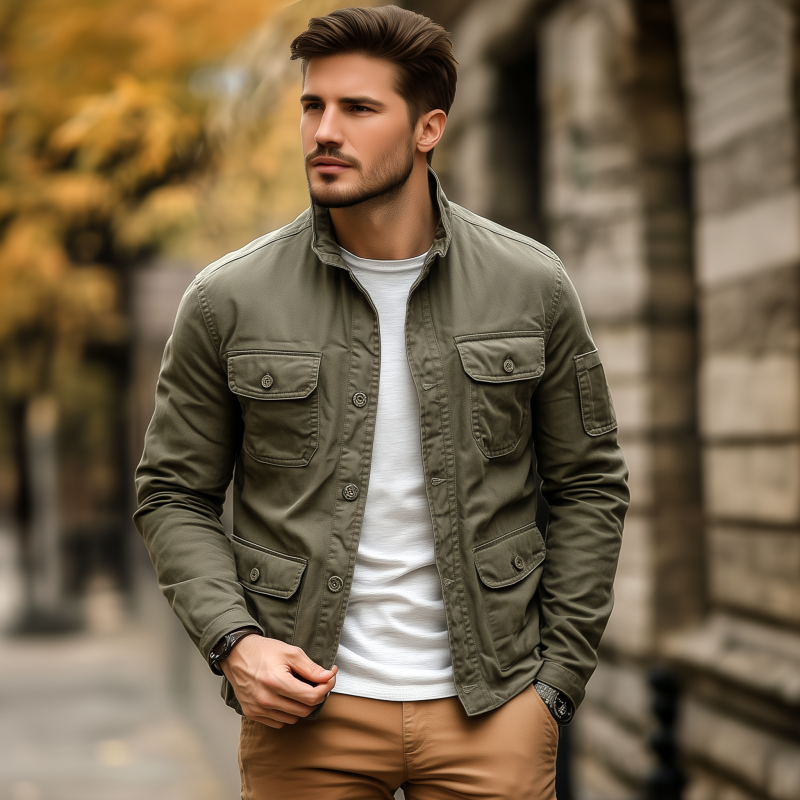 Men's Casual Outdoor Solid Color Breathable Cotton Washed Stand Collar Multi-pocket Workwear Jacket MTA2505G9M