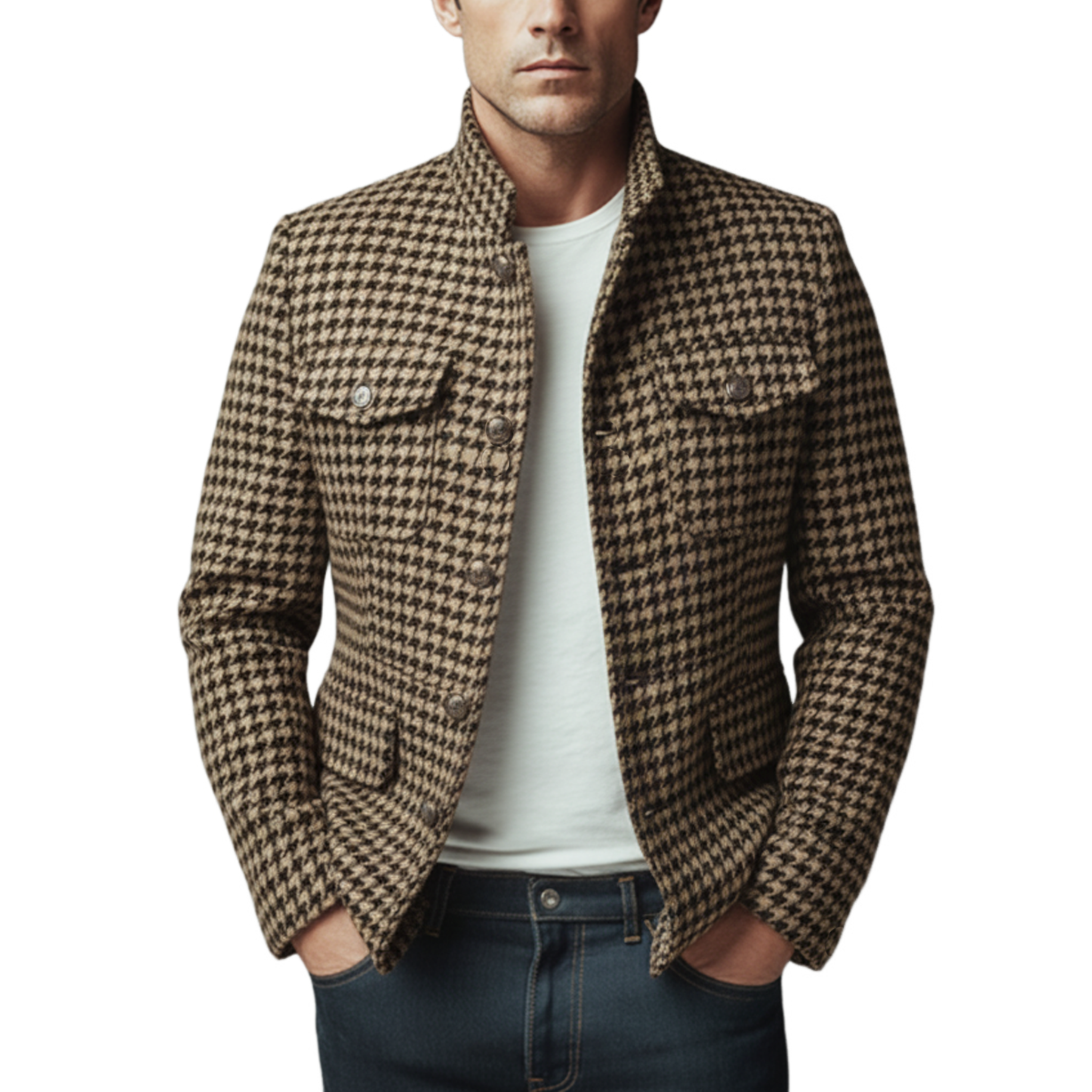 Men's Classic Vintage Stand-collar Multi-pocket Houndstooth Wool Jacket MTA1698L9K