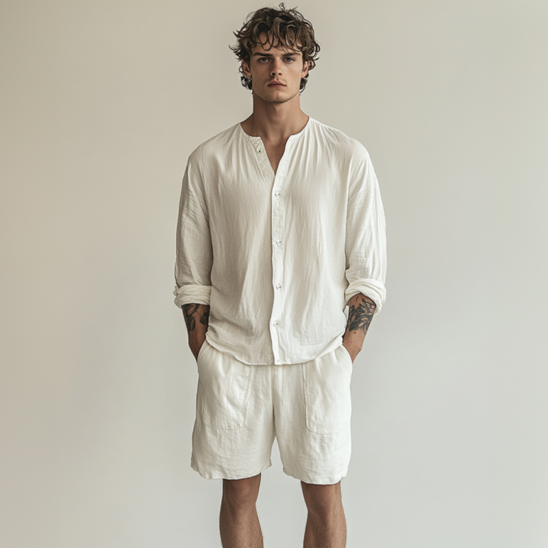 Men's Casual Breathable Solid Color Cotton Linen Loose Long Sleeve Shirt Elastic Waist Shorts Set MTA0596F7M