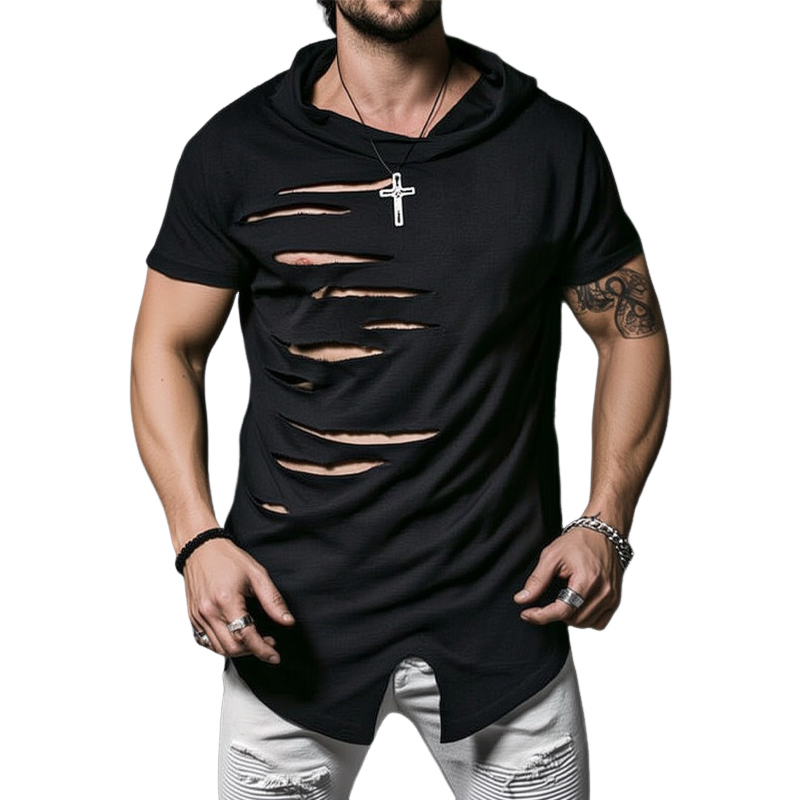 Men's Loose Solid Color Ripped Short-Sleeved Hoodie MTA2673F4X