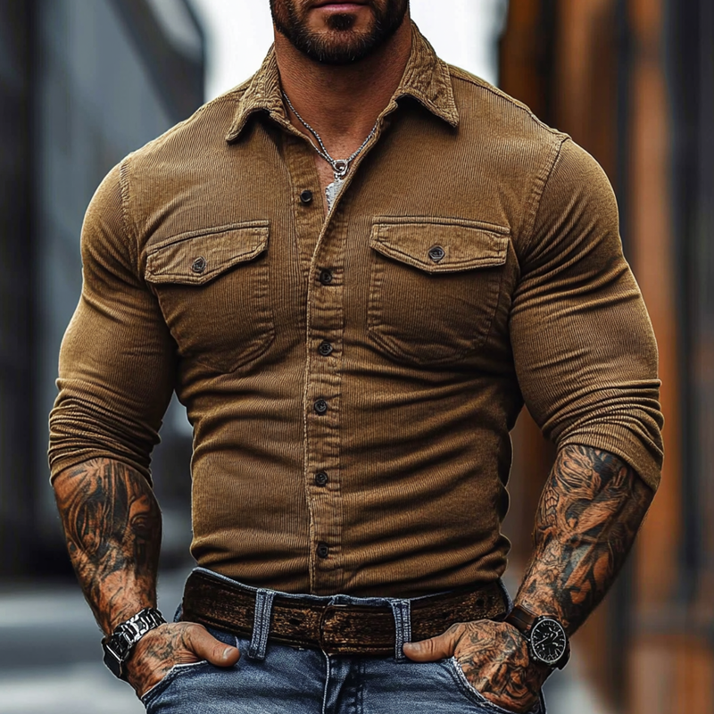 Men's Solid Color Casual Corduroy Retro Lapel Long Sleeve Shirt MTA1135J5X