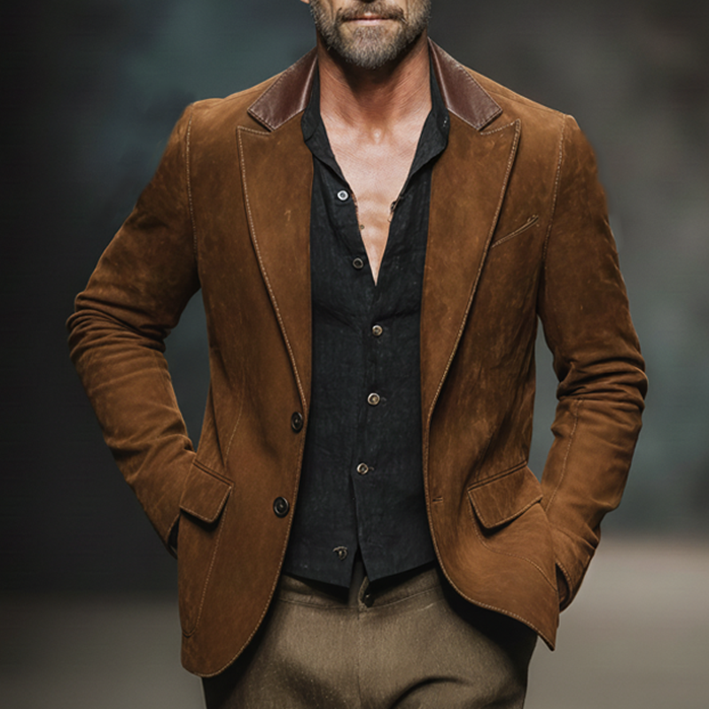 Men's Business Suede And PU Leather Two-button Double-slit Blazer MTA2214J9U