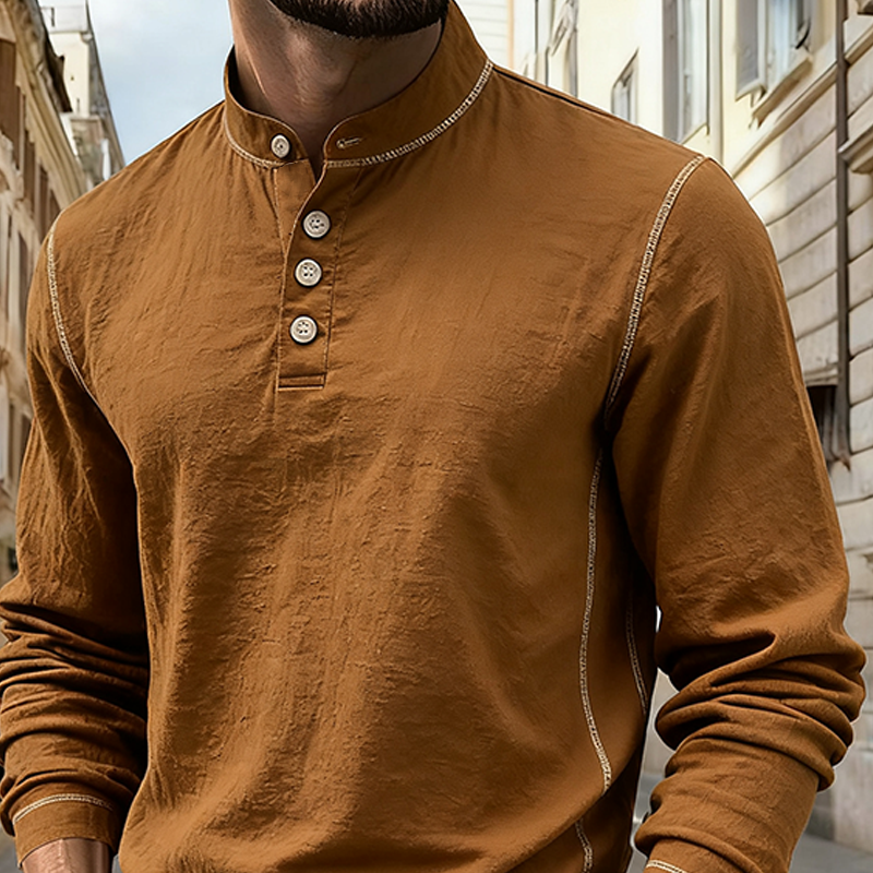 Men's Solid Color Cotton Blend Stand Collar Button Long Sleeve T-shirt MTA1797J6X