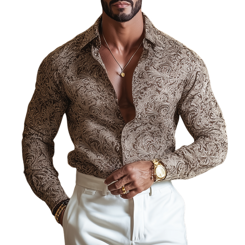 Men's Vintage Print Lapel Long Sleeve Shirt MTA1198H6Z