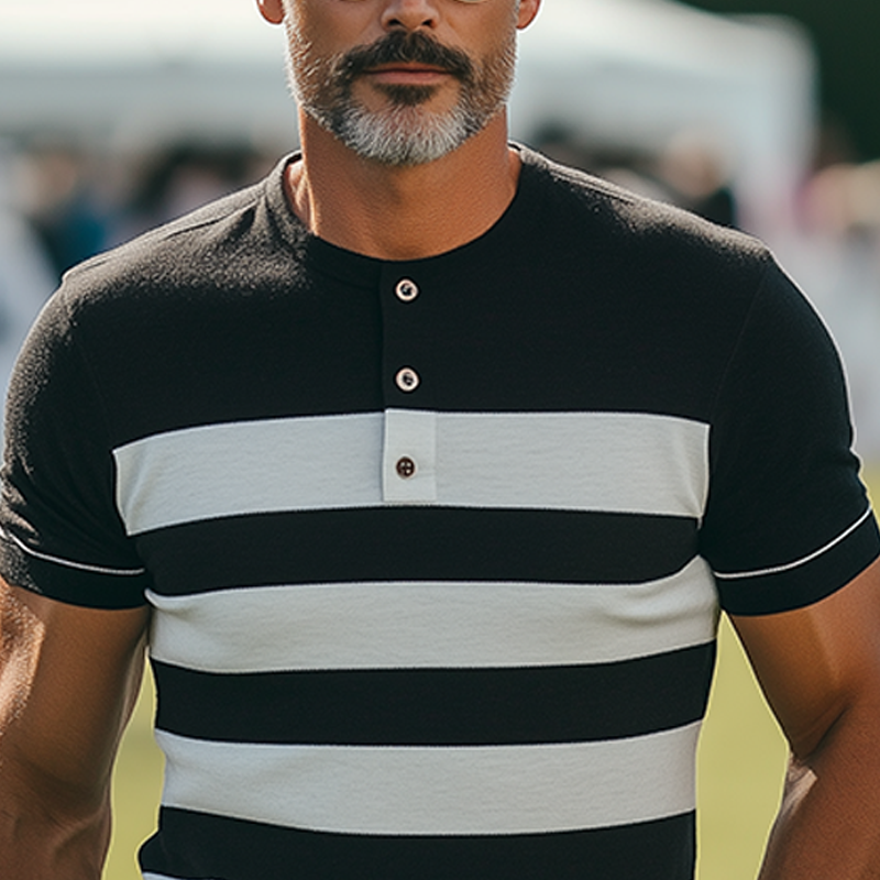 Men's Spring And Summer Fashion Casual Henley Collar Slim Fit Horizontal Striped Knitted Short Sleeve T-shirt MTA1904E0K