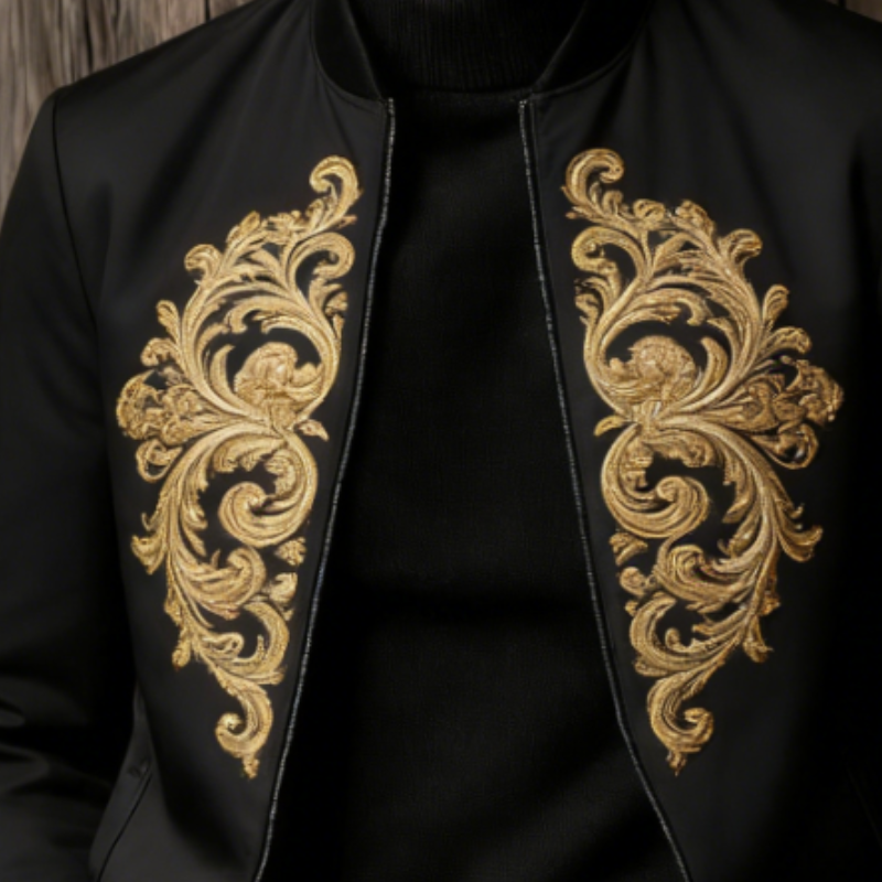 Men's Vintage Casual Baroque Embroidered Collarless Zip-up Jacket MTZ0800A7TO