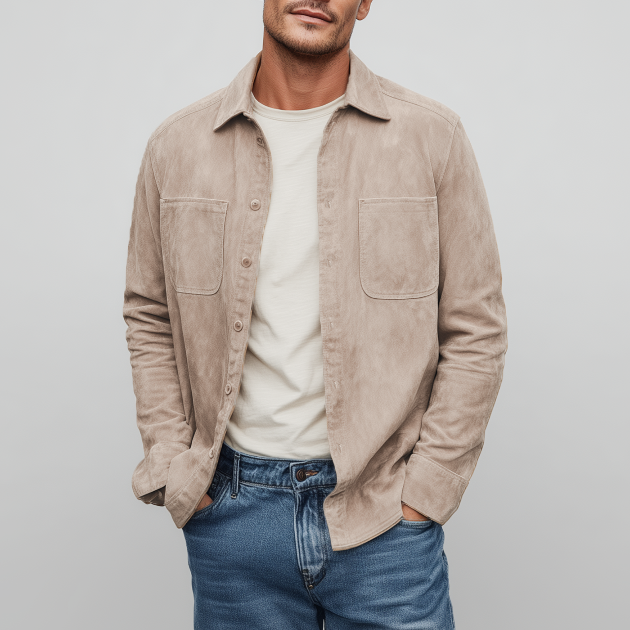 Men's Classic Casual Thin Suede Solid Color Multi-Pocket Long Sleeve Shirt MTA1802G4K