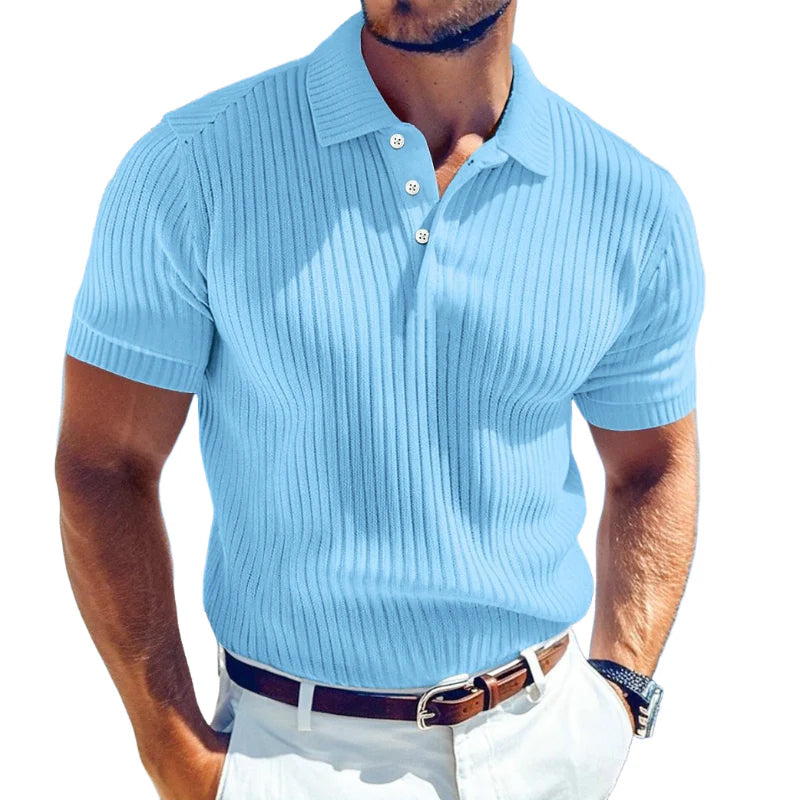 Men's Casual Solid Color Soft Knit Lapel Slim Short Sleeve Polo Shirt Sweater MTA0671E1M