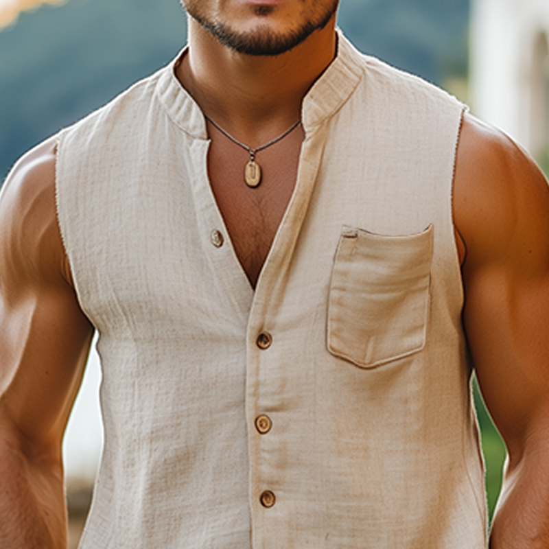 Men's Summer Fashion Casual Vacation Style Hemp Stand Collar Sleeveless Shirt MTA2497D1K