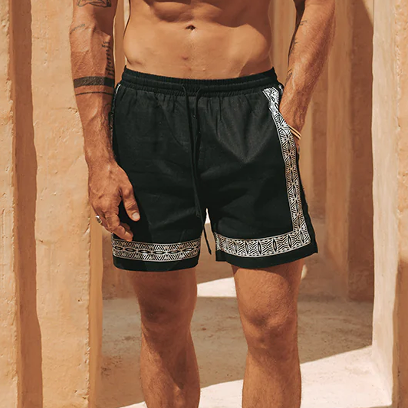 Men's Summer Casual Cotton And Linen Printed Elastic Waist Shorts MTA0270G5K