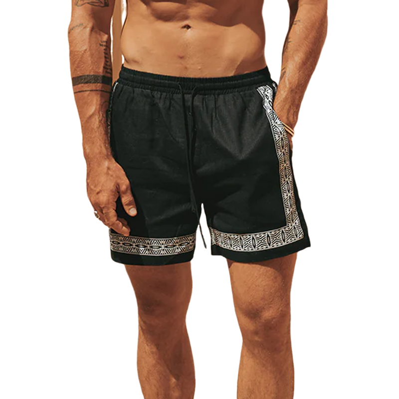 Men's Summer Casual Cotton And Linen Printed Elastic Waist Shorts MTA0270G5K