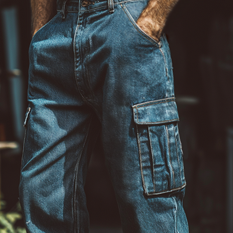 Men's Retro Casual Washed Distressed Denim Outdoor Durable Cargo Pants MTA3186G1TO