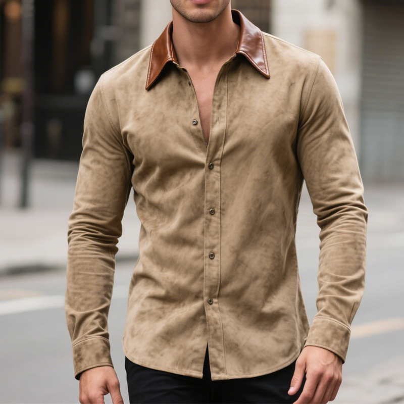Men's Retro Casual Leather And Suede Lapel Long Sleeve Shirt MTA0874H2TO