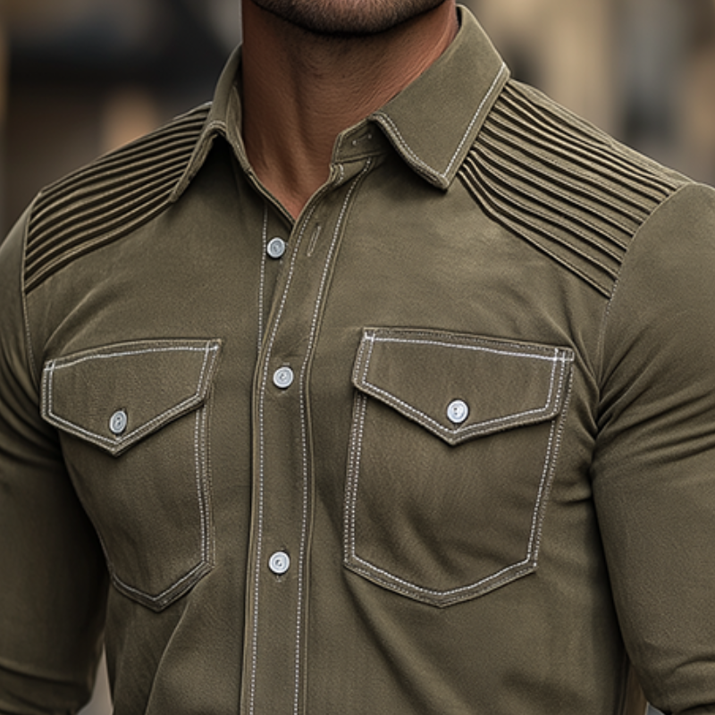 Men's Vintage Casual Suede Pleated Lapel Long Sleeve Shirt MTA2153H8TO