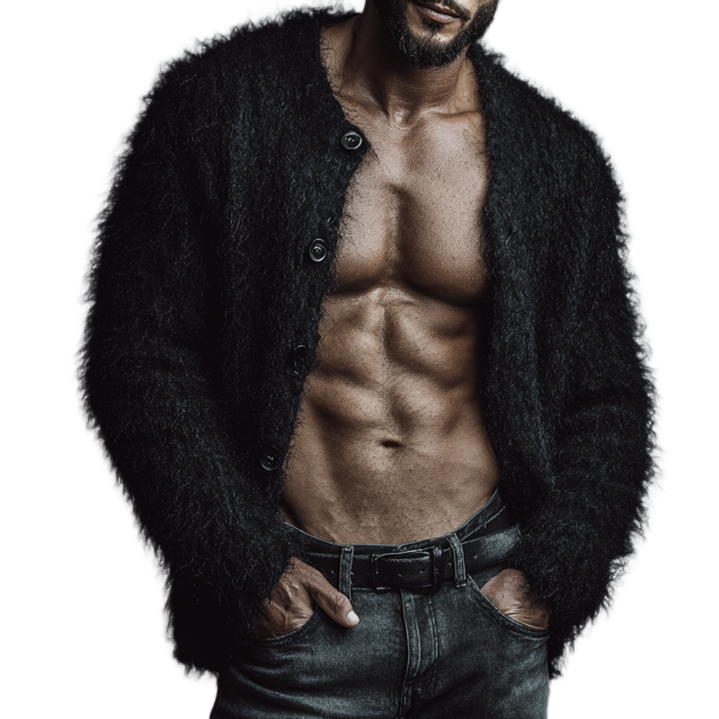 Men's Retro Casual Knitted Mohair Collarless Button-Down Cardigan MTA2859J7TO