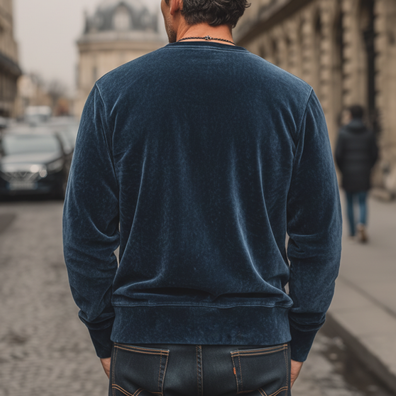 Men's Casual Navy Blue Velvet Crew Neck Sweatshirt MTA2127J6U