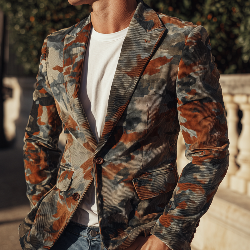 Men's Stylish Vintage Contrast Camouflage Corduroy Peaked Lapel Single-breasted Slim-fit Blazer MTA0733H4M