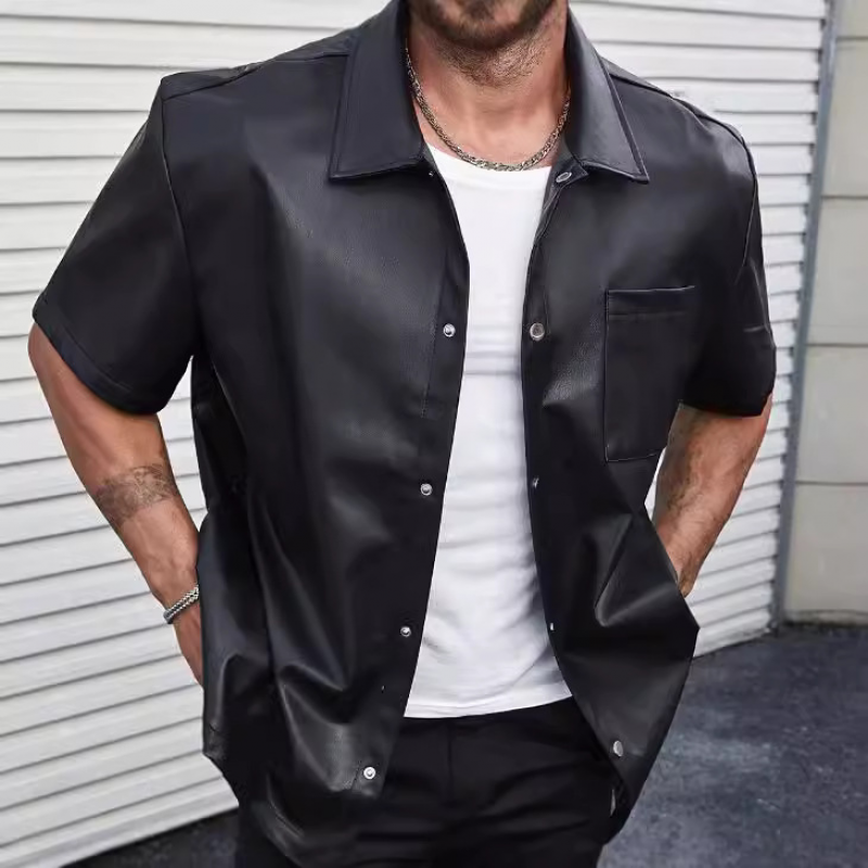Men's Fashion PU Lapel Single Breasted Patch Pocket Loose Short Sleeve Shirt MTA0683E0M
