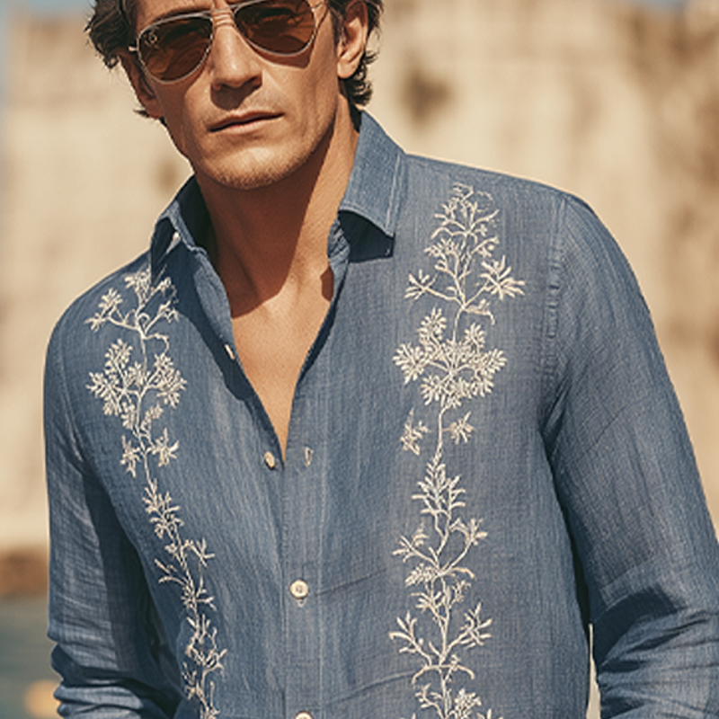 Men's Spring And Summer Retro Exquisite Embroidered Tencel Cotton Lapel Long-sleeved Shirt MTA1612G9K