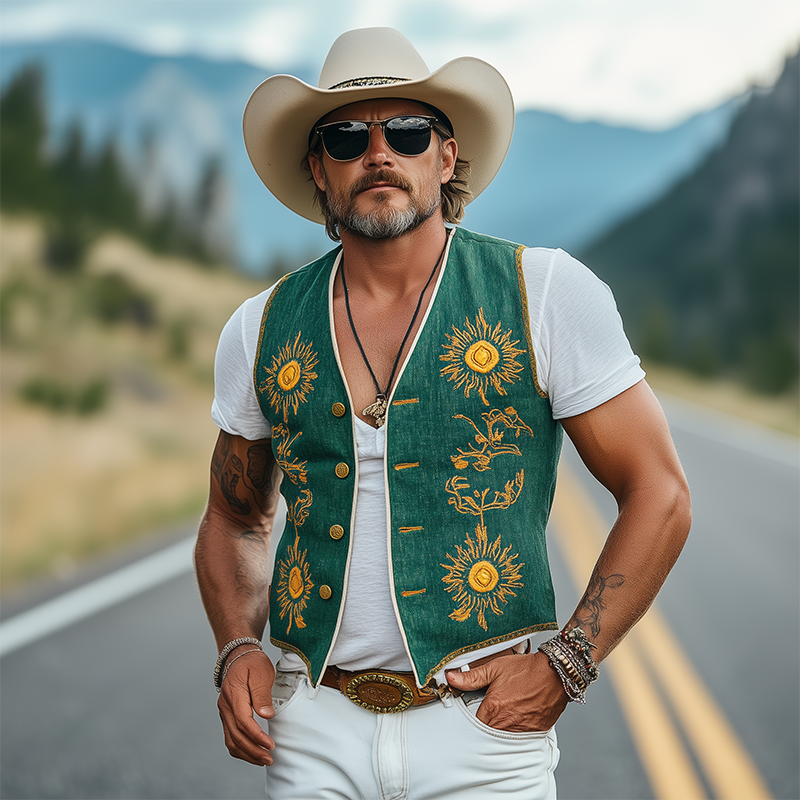 Men's Casual Retro American Western Style Cotton And Linen Embroidered Single Breasted Vest MTA1669F4K