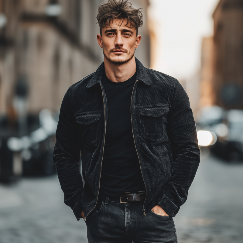 Men's Casual Fashion Solid Color Corduroy Lapel Zipper Placket Multi-pocket Loose Jacket MTA3061G3M