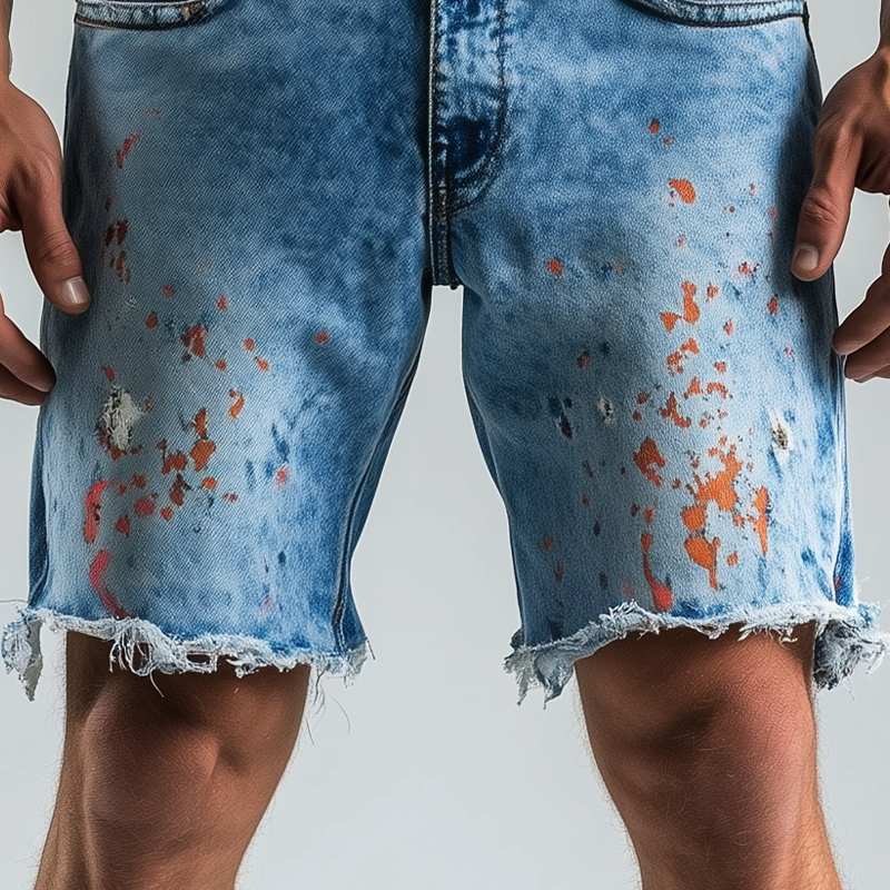Men's Spring And Summer Fashion Casual Washed Denim Colorful Ink-splashed Hem Shorts MTA2353F5K