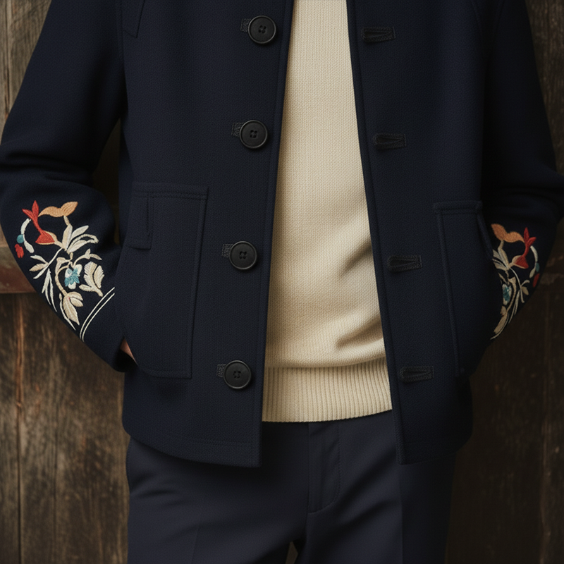 Men's Winter Simple Embroidered Faux Wool Round Neck Jacket MTA1506J2P