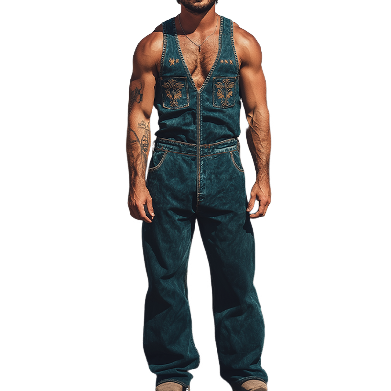 Men's Summer Fashion Retro Western Cowboy Style Denim Embroidery Jumpsuit MTA2880D2K