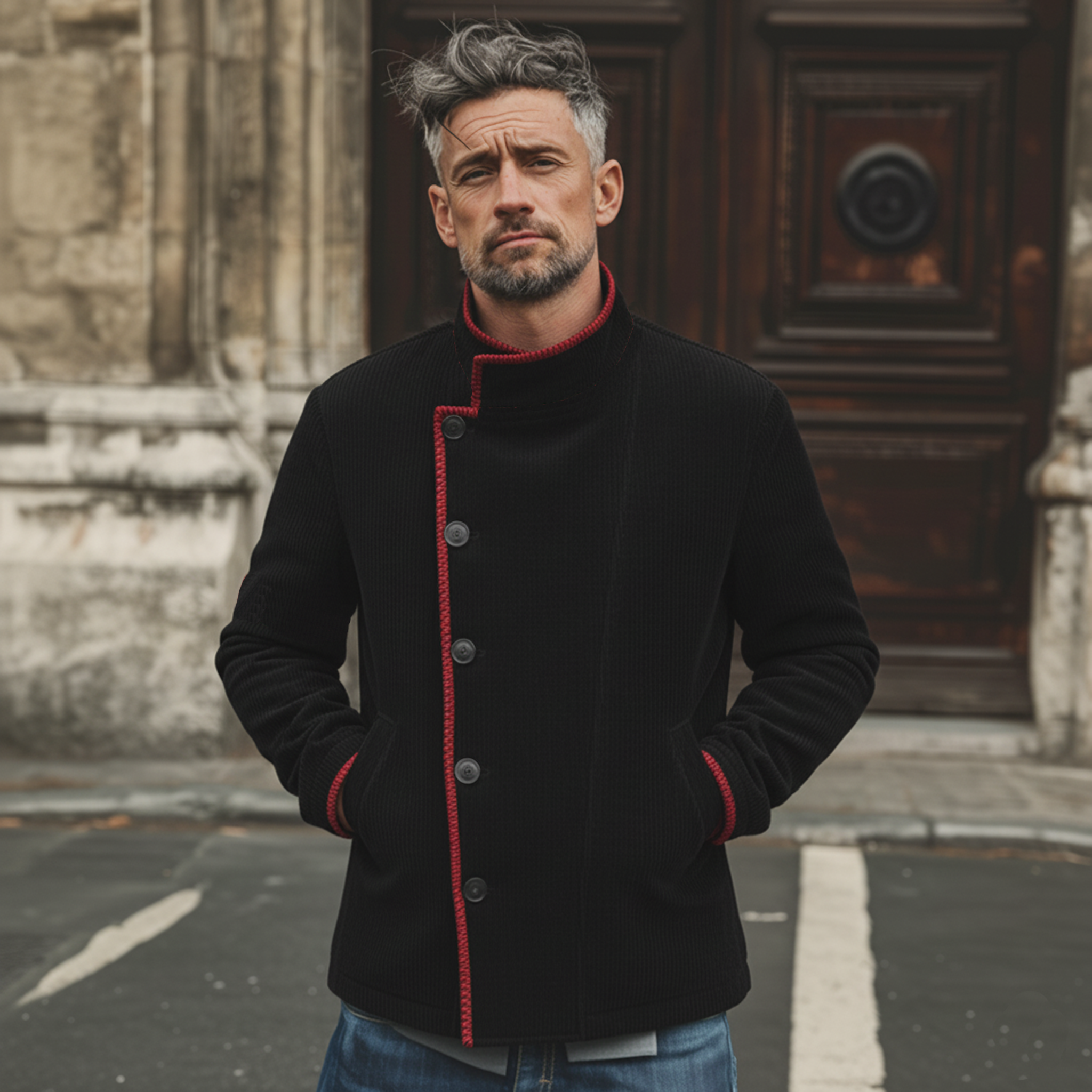 Men's Classic Retro Stand-up Collar Embroidered Corduroy Jacket MTA0410L9K