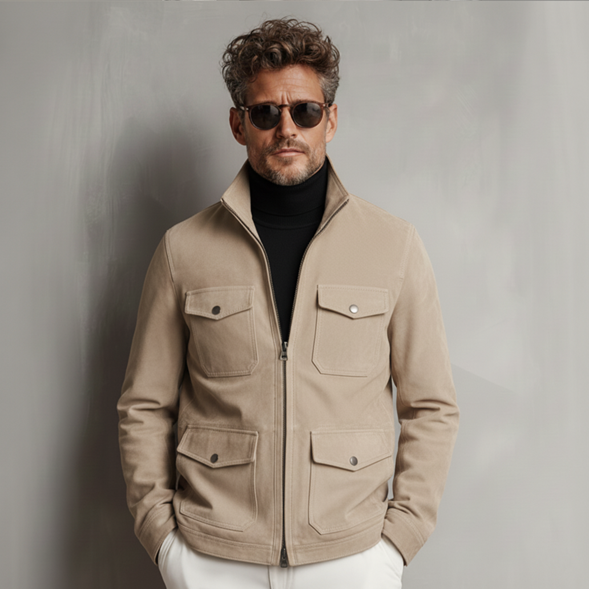 Men's Classic Business Stand-up Collar Multi-pocket Faux Suede Jacket MTA0166K2K